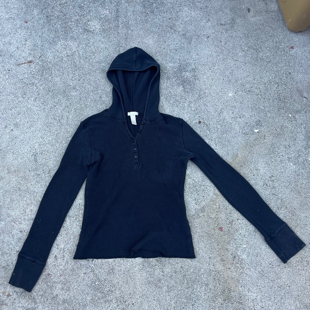 Vtg Y2k thermal hoodie fitted slim fit xs s like compact hood black 100 cotton